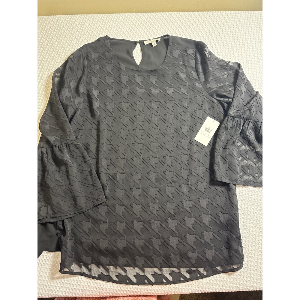 Chaus Blouse Women Large Bell Sleeve Black Textured Houndstooth NWT